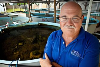Dr. Alex Brylske standing in front of large aquaculture tanks in a blue polo shirt