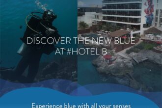 Split promo image of a scuba diver underwater beside Hotel B Unique Cozumel's pool and building