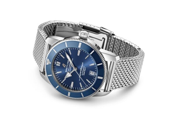 Breitling Superocean Heritage automatic dive watch with blue dial, blue bezel and steel mesh bracelet