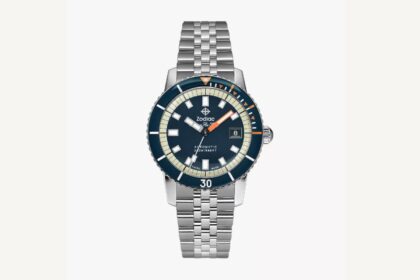 Zodiac Super Sea Wolf Compression dive watch with blue dial, cream inner ring and steel bracelet