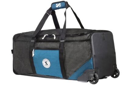 ScubaPro Sport Mesh N Roll 100 mesh roller duffel with a blue side panel and inline wheels