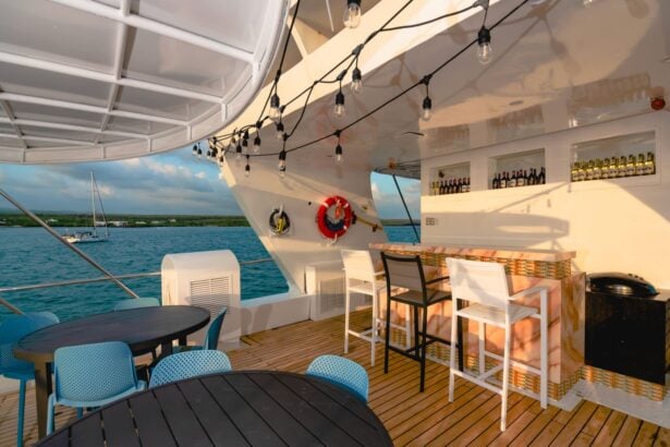 Outdoor bar and lounge area on the Humboldt Explorer at sunset with string lights