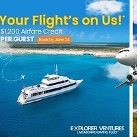 Explorer Ventures liveaboard yacht and an airplane in a promo for a $1,200 per guest airfare credit