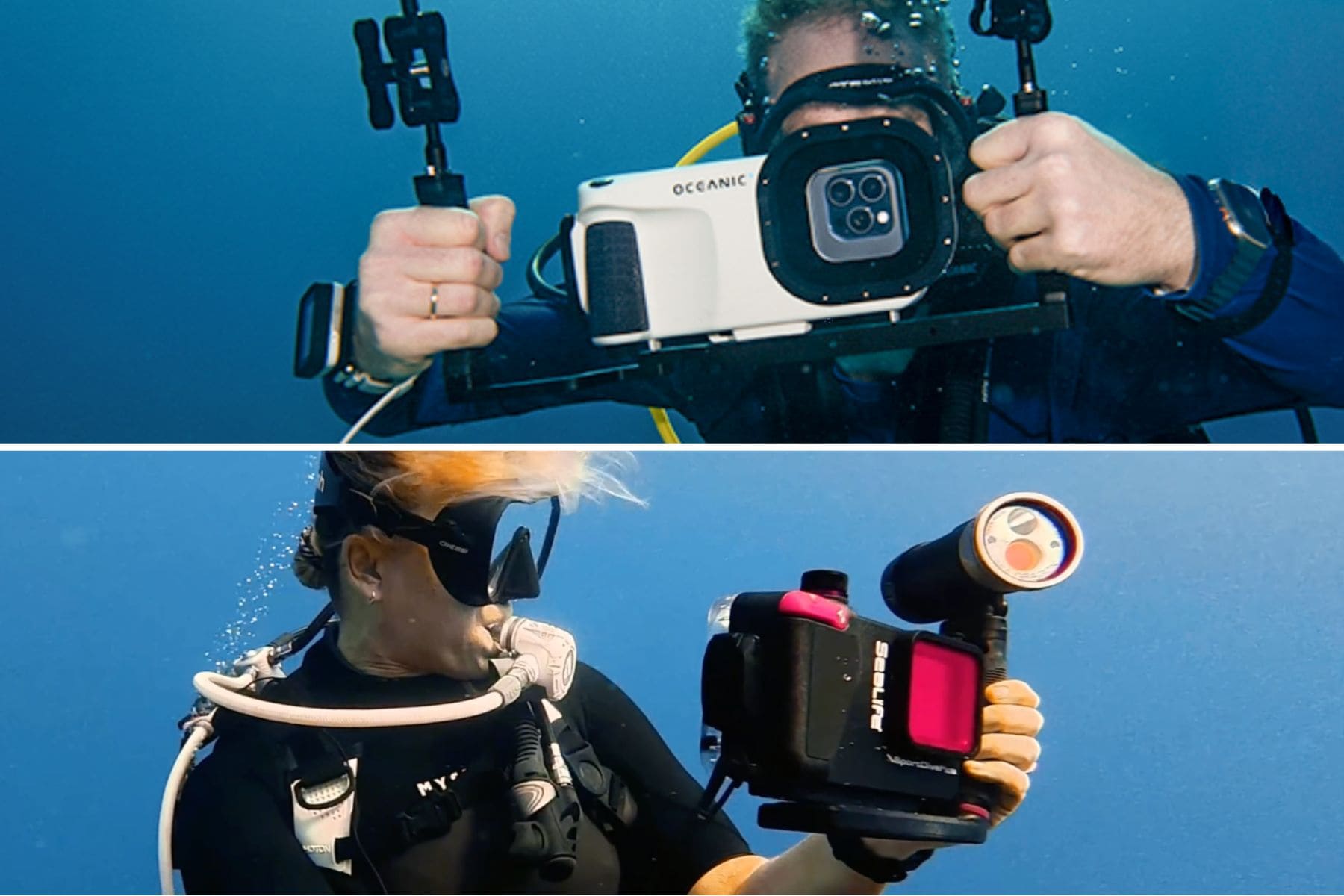 Split view of our testers shooting with the Oceanic housing above and the SeaLife SportDiver Ultra below