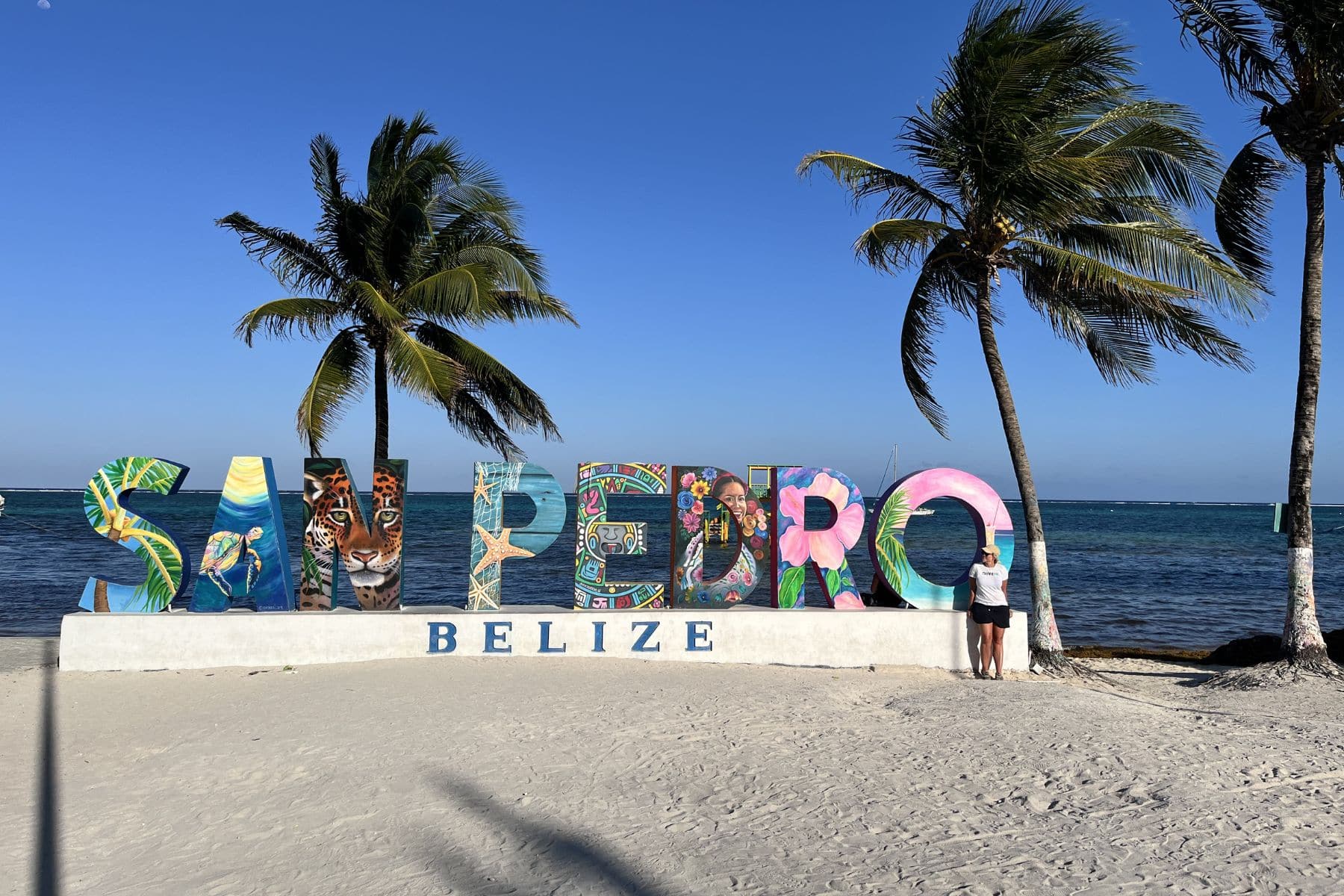 Colorful San Pedro Belize letter sign on white sand with palm trees and the sea behind