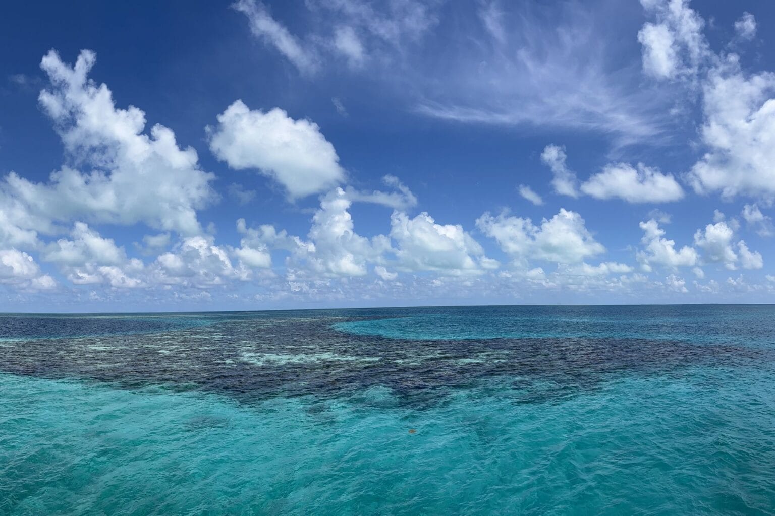 Aerial view of the reef and turquoise water surrounding the Great Blue Hole in Belize