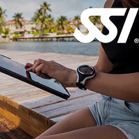 A woman wearing a dive watch works on a tablet while sitting on a wooden dock beside a tropical waterfront