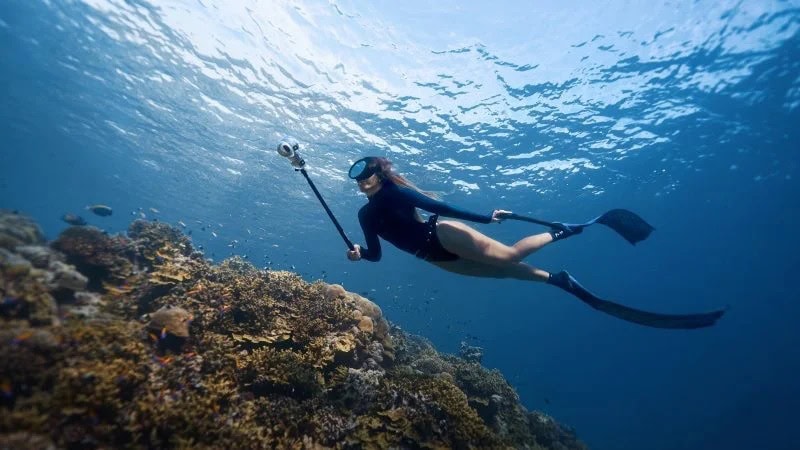 A freediver in a black wetsuit and long fins glides just below the surface above a coral reef, carrying a camera on an extension pole