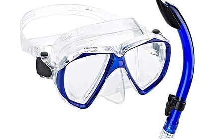 Phantom Aquatics Velocity two-window mask and blue semi-dry snorkel with clear silicone skirt
