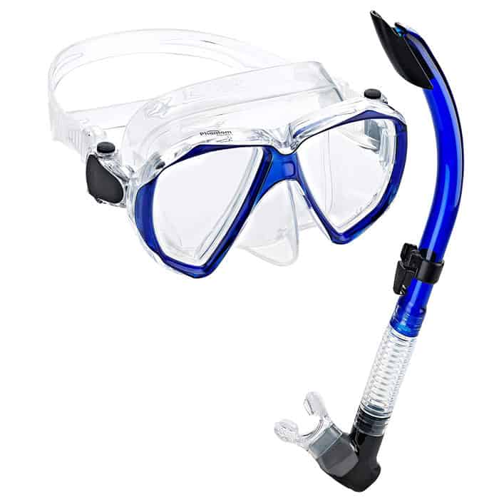 Phantom Aquatics Velocity two-window mask and blue semi-dry snorkel with clear silicone skirt