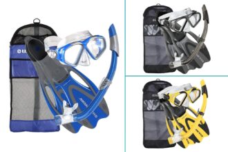 US Divers Cozumel snorkel set with mask, snorkel, Proflex fins and gear bag in blue, black and yellow colour options
