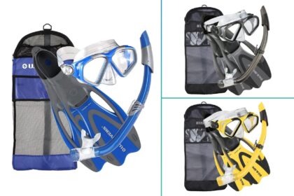 US Divers Cozumel snorkel set with mask, snorkel, Proflex fins and gear bag in blue, black and yellow colour options