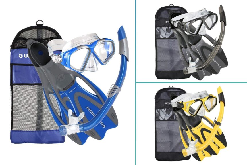 US Divers Cozumel snorkel set with mask, snorkel, Proflex fins and gear bag in blue, black and yellow colour options