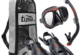 TUSA Sport adult snorkel set with black and red two-window mask, dry snorkel, open heel fins and carry bag