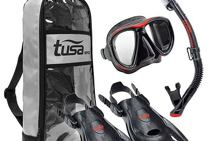 TUSA Sport adult snorkel set with black and red two-window mask, dry snorkel, open heel fins and carry bag