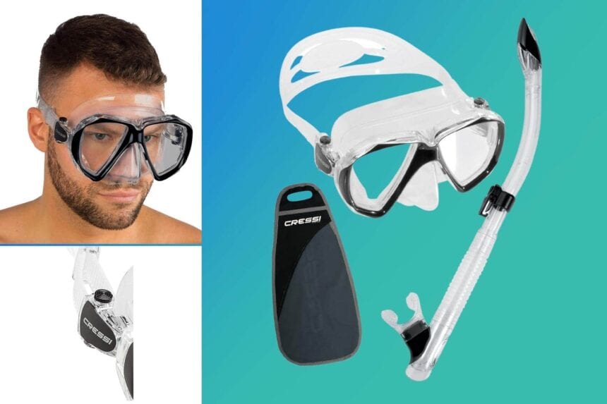 Cressi Premium snorkel set with Ranger two-window mask, Tao semi-dry snorkel and Cressi carry pouch
