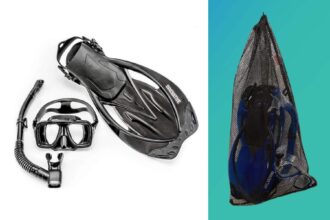 Innovative Scuba Concepts snorkel set in black with two-window mask, semi-dry snorkel, open heel fin and mesh bag