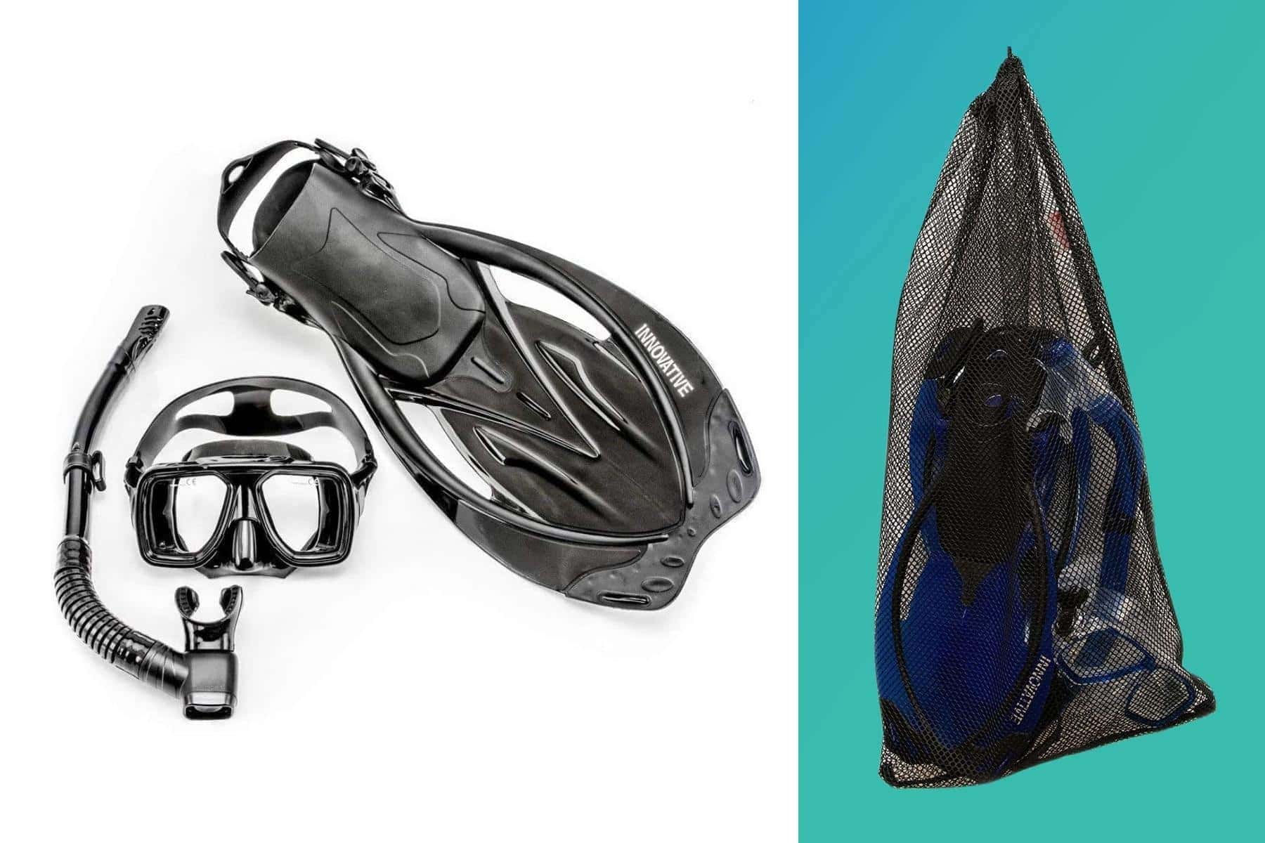 Innovative Scuba Concepts snorkel set in black with two-window mask, semi-dry snorkel, open heel fin and mesh bag