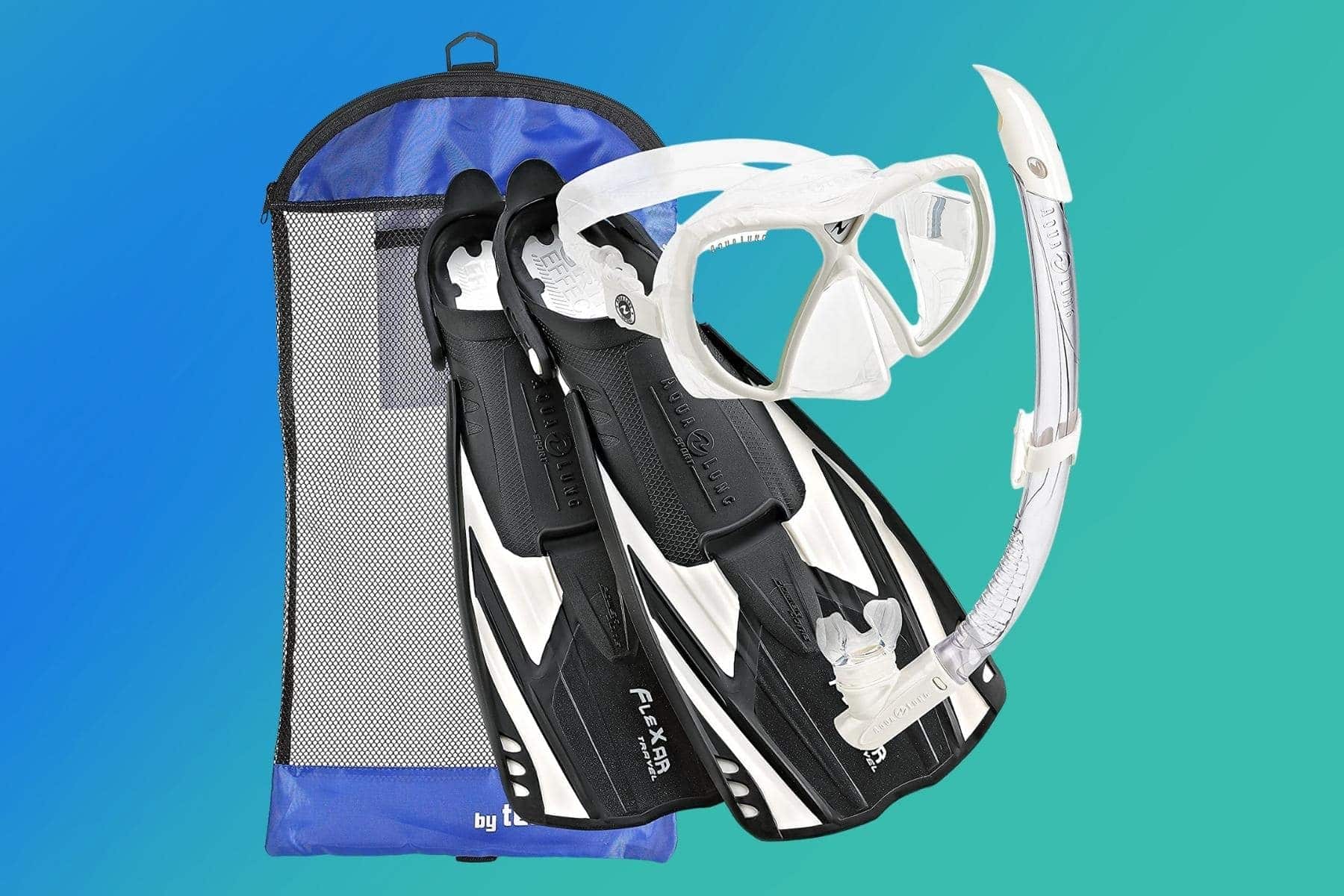 Aqua Lung Sport Flexar snorkel set with white frameless mask, semi-dry snorkel, black Flexar travel fins and blue mesh bag