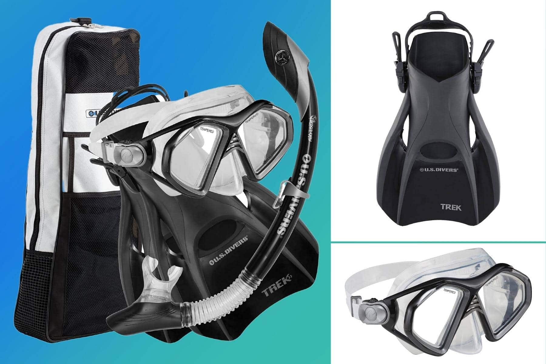US Divers Admiral snorkel set with two-window mask, contoured snorkel, black Trek fins and white mesh carry bag