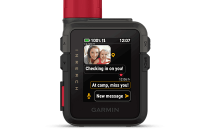 Garmin inReach Mini 3 Plus satellite communicator with a red antenna and message screen
