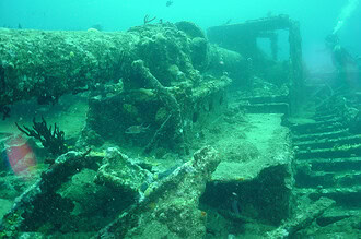Marine growth covering the wreck of RMS Rhone in the British Virgin Islands