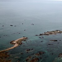 Aerial view of Les Écréhous rocky islets and sandbars off Jersey