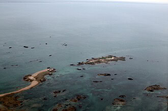 Aerial view of Les Écréhous rocky islets and sandbars off Jersey