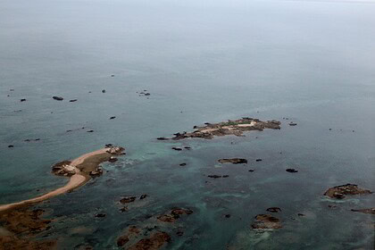 Aerial view of Les Écréhous rocky islets and sandbars off Jersey