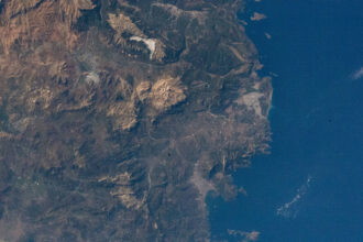 Southwestern Turkey's mountainous Mediterranean coastline photographed from the International Space Station